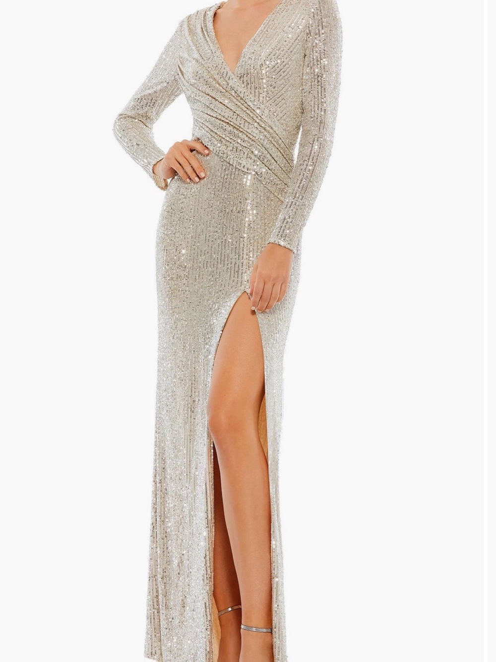 Mac Duggal Silver Sequined Wrap-Front Long Sleeve Gown Mother of the Bride